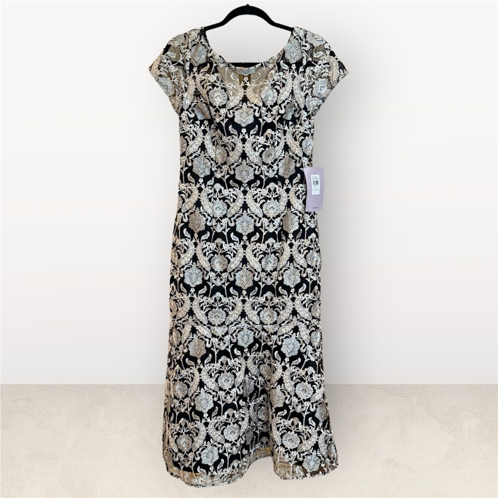 JS Collection NWT Black and Ivory Embroidered Floral Formal Gown Dress- Size 6